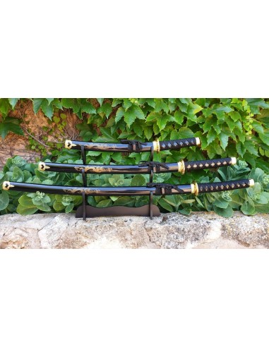 Set Katana Wakizashi et Tanto noir avec support - Magasin médiéval Zetan- Katanas décoratifs acheter en ligne