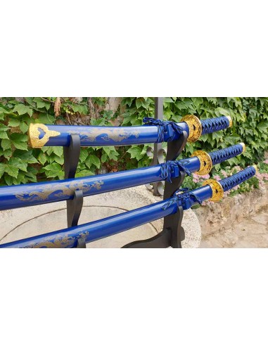 Set de Katana Wakizashi et Tanto bleu avec présentoir 2 - Magasin médiéval Zetan- Katanas décoratifs acheter en ligne