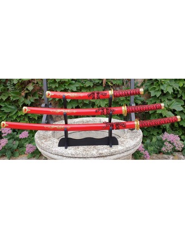 Katana Tanto Katana e Wakizashi rosso con stand - Negozio medievale Zetan- Katane decorative per acquistare on-line