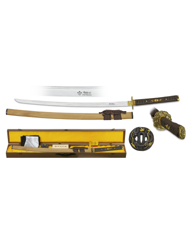 Damascus steel katana with box, cleaning kit, sheath and tsubas - Zetan Medieval Store- Decorative katanas to buy online